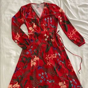 H&M Red Floral Maxi Wrap-up Dress, Size 8